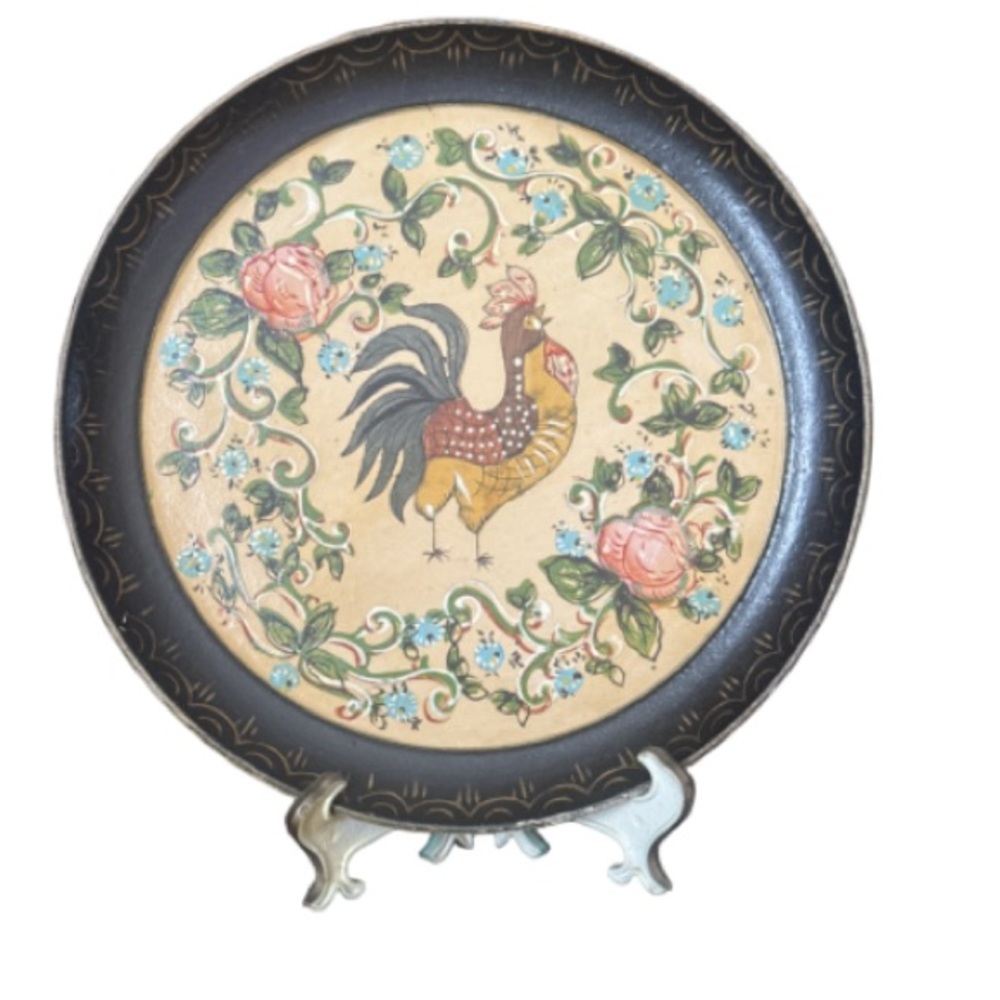 ISCO ROOSTER FARMHOUSE RUSTIC PLATE Vintage 1950's Handpainted paper mache
